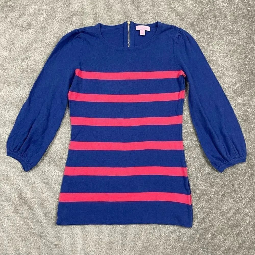 Lilly Pulitzer Size Small Stripe Sweater Lightweight Back Zip 3/4 Sleeves Blue